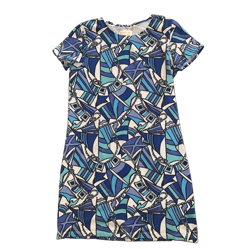 Sail To Sable Medium Dress Blue Pattern Short Sleeve 95% Cotton 5% Spandex